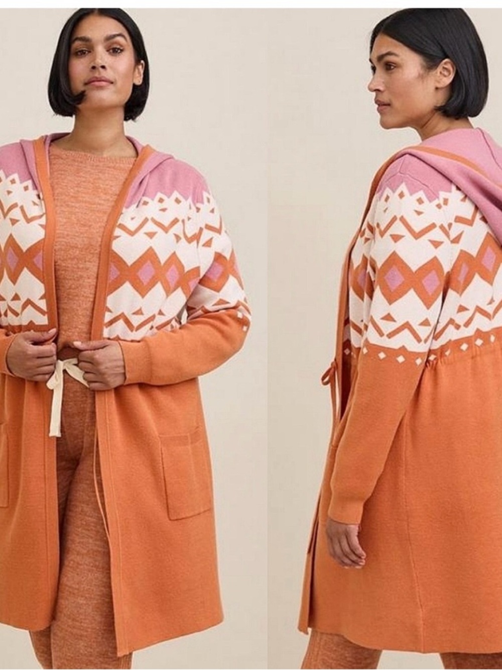 torrid Hooded Fair Isle Cardigan in Orange, Pink & Cream